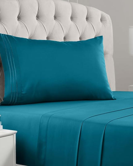 Mellanni Twin Sheets Set - 3 PC Iconic Collection Bedding Sheets & Pillowcases - Hotel Luxury, Extra Soft, Cooling Bed Sheets - Deep Pocket up to 16 inch (Twin, Teal) - LeafyLoom