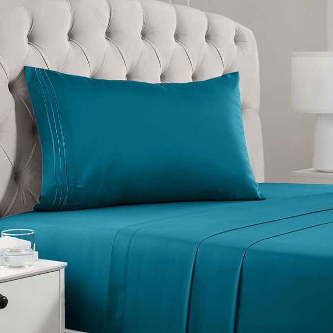 Mellanni Twin Sheets Set - 3 PC Iconic Collection Bedding Sheets & Pillowcases - Hotel Luxury, Extra Soft, Cooling Bed Sheets - Deep Pocket up to 16 inch (Twin, Teal) - LeafyLoom