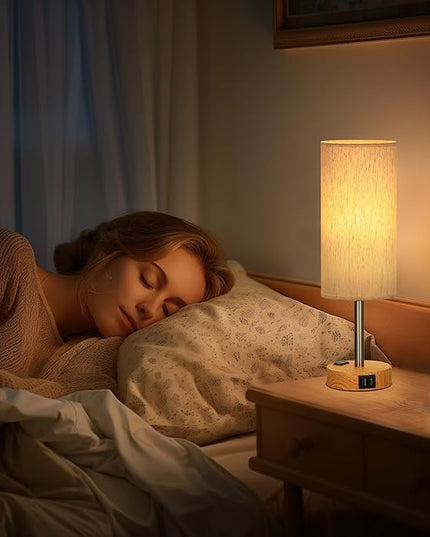 Small Touch Table Lamps Set of 2-3-Way Dimmable, USB A + C Charging, AC Outlet, Wood Grain Base, Bulbs Included - LeafyLoom