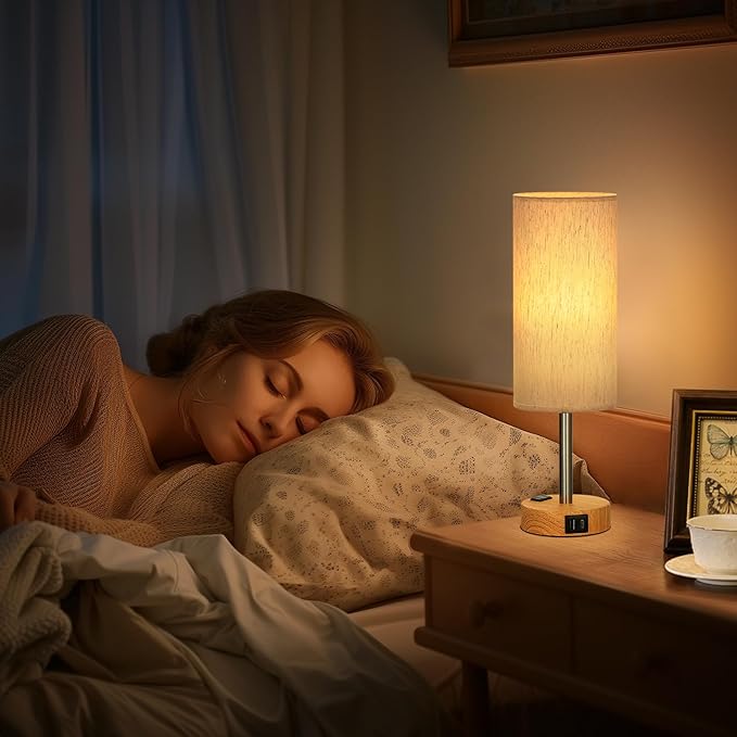 Small Touch Table Lamps Set of 2-3-Way Dimmable, USB A + C Charging, AC Outlet, Wood Grain Base, Bulbs Included - LeafyLoom