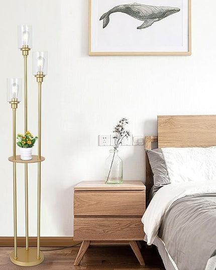 HMVPL Floor Lamps for Living Room, Gold Floor Lamp with Shelves, 3-Lights Modern Brass Standing Lamp with Glass Shades, On/Off Foot Switch, Mid Century Tall Lamp for Bedroom Corner Office(66") - LeafyLoom