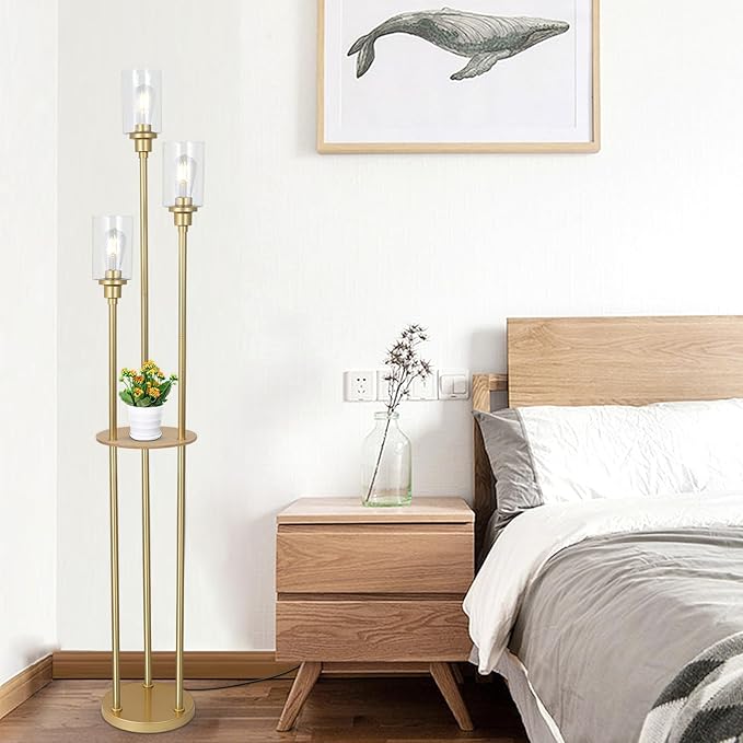 HMVPL Floor Lamps for Living Room, Gold Floor Lamp with Shelves, 3-Lights Modern Brass Standing Lamp with Glass Shades, On/Off Foot Switch, Mid Century Tall Lamp for Bedroom Corner Office(66") - LeafyLoom