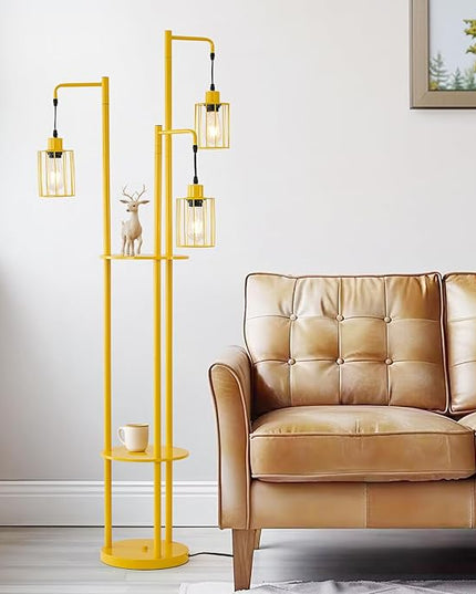 Dimmable floor lamp with tray，Industrial Farmhouse Floor Lamp adjustable Angle，3 Light Rustic Standing Tall Lamp for living room, bedroom and office （bulbs included） - LeafyLoom