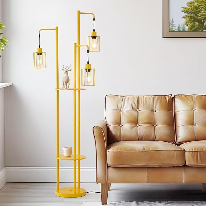 Dimmable floor lamp with tray，Industrial Farmhouse Floor Lamp adjustable Angle，3 Light Rustic Standing Tall Lamp for living room, bedroom and office （bulbs included） - LeafyLoom