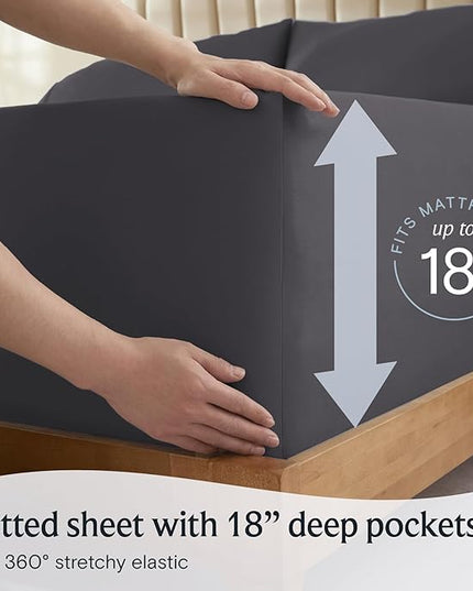 LuxClub 7 PC Split King Sheet Set, Breathable Luxury Bed Sheets, Deep Pockets 18" Eco Friendly Wrinkle Free Cooling Sheets Machine Washable Hotel Bedding Silky Soft - Dark Grey Split King - LeafyLoom