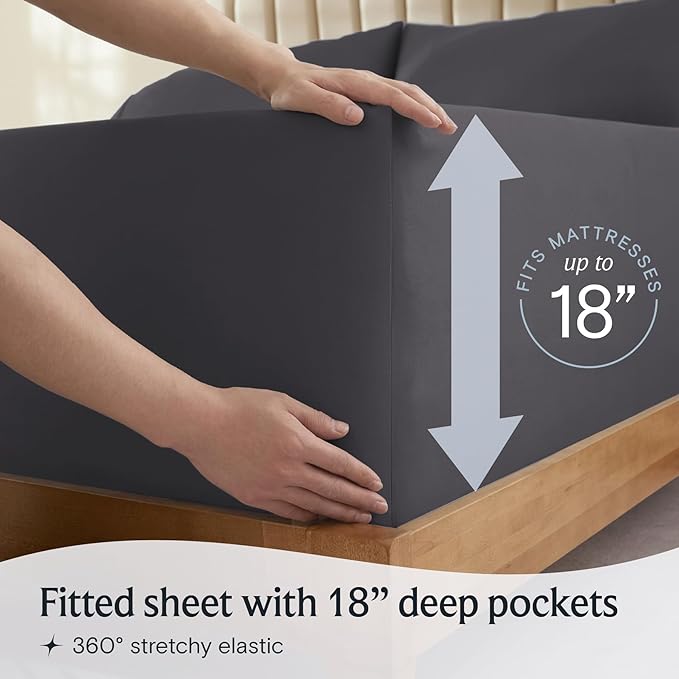 LuxClub 7 PC Split King Sheet Set, Breathable Luxury Bed Sheets, Deep Pockets 18" Eco Friendly Wrinkle Free Cooling Sheets Machine Washable Hotel Bedding Silky Soft - Dark Grey Split King - LeafyLoom