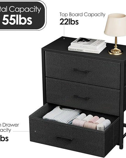 Nightstand with 3 Drawers for Bedroom, Storage Dresser with Fabric Drawers and Metal Frame for Closet, Living Room, Bedside Table with Wood Top, Easy Pull Handle, Black - LeafyLoom