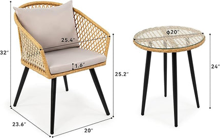 YITAHOME 3-Piece Wicker Balcony Small Patio Furniture Chair Set, Outdoor Rattan Conversation Chairs for Backyard, Balcony and Apartment with Soft Gray Cushions, Glass Side Table Light-Yellow - LeafyLoom