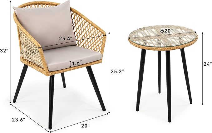 YITAHOME 3-Piece Wicker Balcony Small Patio Furniture Chair Set, Outdoor Rattan Conversation Chairs for Backyard, Balcony and Apartment with Soft Gray Cushions, Glass Side Table Light-Yellow - LeafyLoom