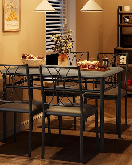 Kitchen Table and Chairs for 4, Dining Table Set for 4 with Upholstered Chairs, Kitchen Table Set Metal and Wood Rectangular Dining Table Set for Small Space, Apartment, Breakfast, Retro Gray - LeafyLoom