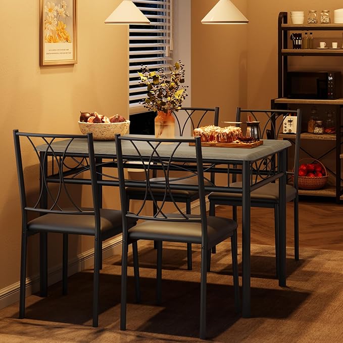 Kitchen Table and Chairs for 4, Dining Table Set for 4 with Upholstered Chairs, Kitchen Table Set Metal and Wood Rectangular Dining Table Set for Small Space, Apartment, Breakfast, Retro Gray - LeafyLoom