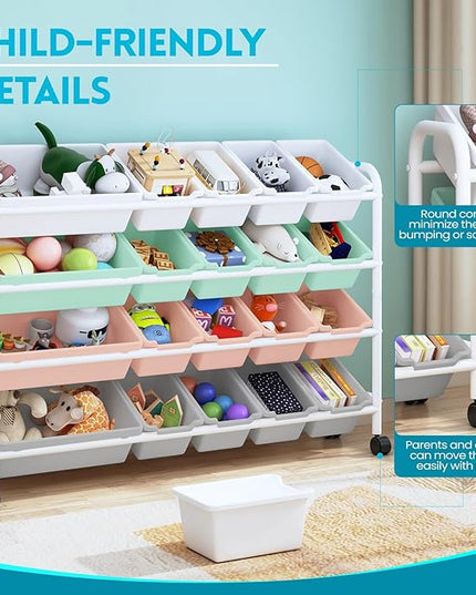 Kids Toy Storage Organizer with 20 Plastic Bins, 4-Tier Metal Toy Storage Rack, Extra Large Toy Organizer and Storage Bins for Kids Room, Playroom and Nursery, Multi-Color - LeafyLoom