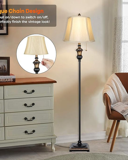 TOBUSA Traditional Floor Lamp, Classic Standing Lamp with Bronze Fabric Shade, Vintage Elegant Tall Pole Lamp for Living Room Bedroom Office Reading, Rustic Upright Floor Lights , Pull Chain Switch - LeafyLoom