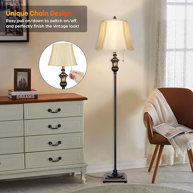 TOBUSA Traditional Floor Lamp, Classic Standing Lamp with Bronze Fabric Shade, Vintage Elegant Tall Pole Lamp for Living Room Bedroom Office Reading, Rustic Upright Floor Lights , Pull Chain Switch - LeafyLoom