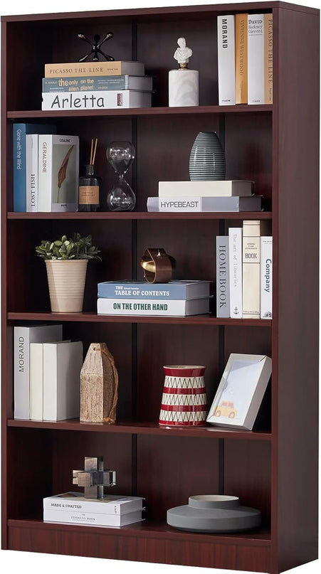 Farini Mahogany Bookshelf for Bedroom 5 Shelf Office Bookcase 60 Inches Tall Modern Wood Bookshelf for Living Room 5 Tier Wide Manga Bookshelf Library Bookcase - LeafyLoom