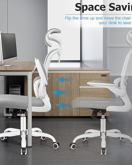 Ergonomic Office Chair, High Back Mesh Desk Chair with Lumbar Support and Adjustable Headrest, Computer Gaming Chair with Flip-up Armrests, Executive Swivel Chair for Home Office (LightGray) - LeafyLoom