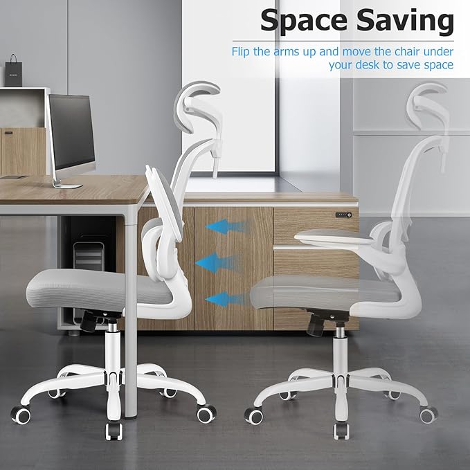 Ergonomic Office Chair, High Back Mesh Desk Chair with Lumbar Support and Adjustable Headrest, Computer Gaming Chair with Flip-up Armrests, Executive Swivel Chair for Home Office (LightGray) - LeafyLoom
