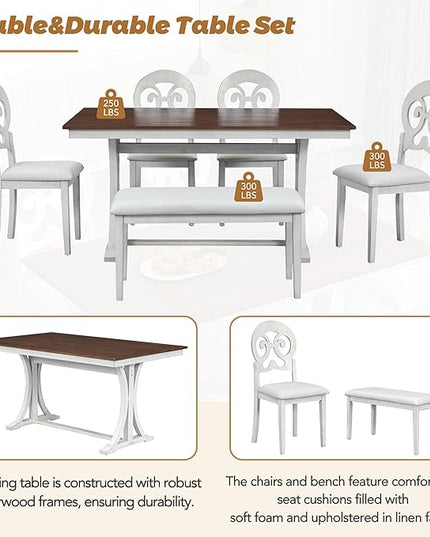 Dining Table Set for 6, Mid-Century 6-Piece Dining Room Table Set with Victorian Round Upholstered Dining Chairs and Long Bench, Kitchen Table Set for Living Room, Cherry+Antique White - LeafyLoom