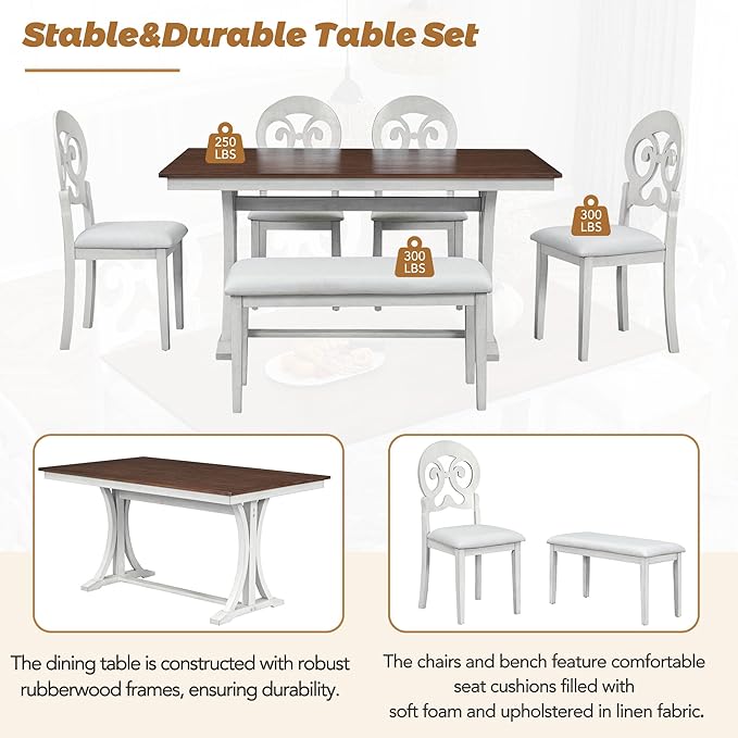 Dining Table Set for 6, Mid-Century 6-Piece Dining Room Table Set with Victorian Round Upholstered Dining Chairs and Long Bench, Kitchen Table Set for Living Room, Cherry+Antique White - LeafyLoom