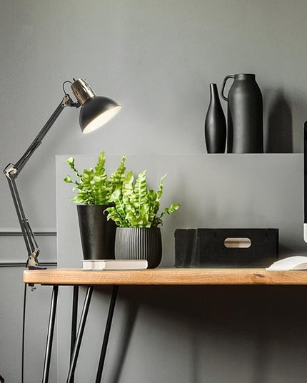 Globe Electric 62000009 32" Multi-Joint Desk Lamp with Metal Clamp, Matte Black, Antique Brass Accents, On/Off Rotary Switch on Shade, Partially Adjustable Swing Arm, Home Décor, Office Accessory - LeafyLoom