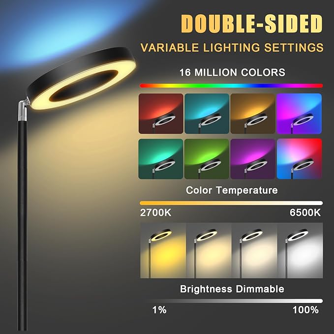 Smart Floor Lamp 42W 3700LM, Double-sided Super Bright Torchiere LED Floor Lamps Work with Alexa Google Home, 2700K-6500K Dimmable RGBCW Color Changing Tall Standing Light for Bedroom Living Room - LeafyLoom