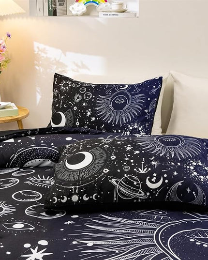 Holawakaka Stars Moon Constellation Print Comforter Set Queen Size Girls Boys Witchy Astrology Zodiac Celestial Bedding Set (Navy Blue, Queen) - LeafyLoom