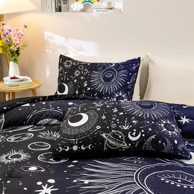 Holawakaka Stars Moon Constellation Print Comforter Set Queen Size Girls Boys Witchy Astrology Zodiac Celestial Bedding Set (Navy Blue, Queen) - LeafyLoom