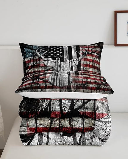 Feelyou American Flag Deer Antlers Bedding Set Hunting Camping Comforter Set for Kids Boys Girls USA Flag Comforter Tree Branch Inner Fill Duvet Set 1 Comforter Set with 2 Pillowcases King Size - LeafyLoom