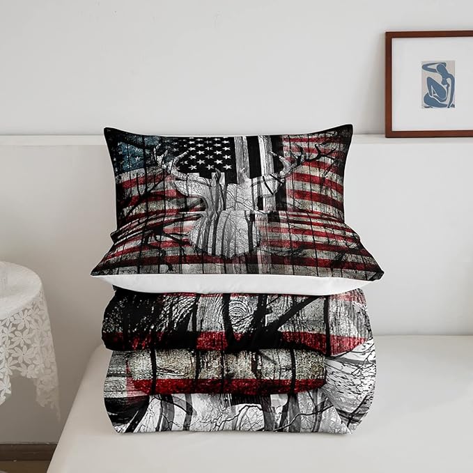 Feelyou American Flag Deer Antlers Bedding Set Hunting Camping Comforter Set for Kids Boys Girls USA Flag Comforter Tree Branch Inner Fill Duvet Set 1 Comforter Set with 2 Pillowcases King Size - LeafyLoom