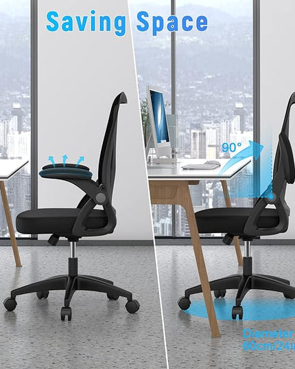 naspaluro Ergonomic Office Chair, Mid Back Desk Chair with Adjustable Height, Swivel Chair with Flip-Up Arms and Lumbar Support, Breathable Mesh Computer Chair for Home/Study/Working, Dark Black - LeafyLoom