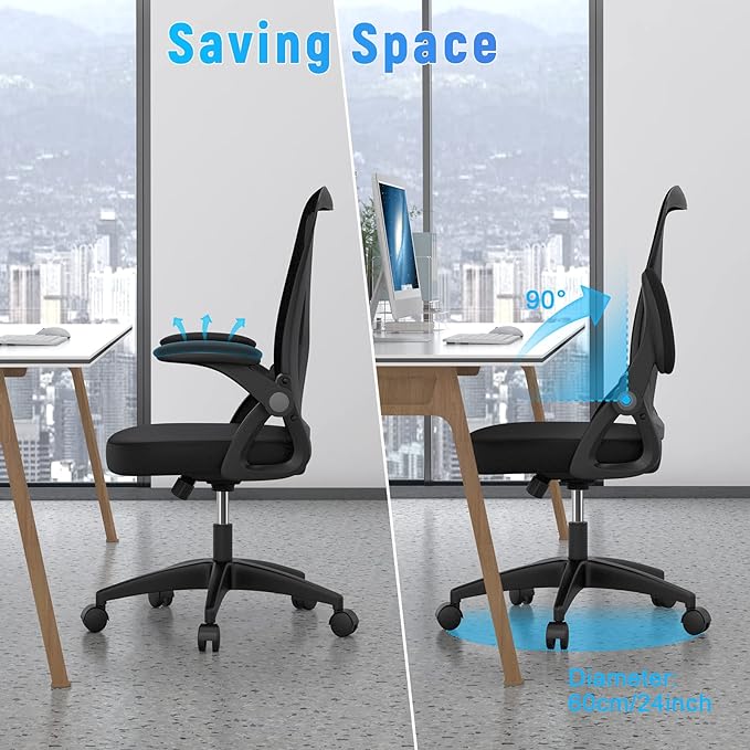 naspaluro Ergonomic Office Chair, Mid Back Desk Chair with Adjustable Height, Swivel Chair with Flip-Up Arms and Lumbar Support, Breathable Mesh Computer Chair for Home/Study/Working, Dark Black - LeafyLoom
