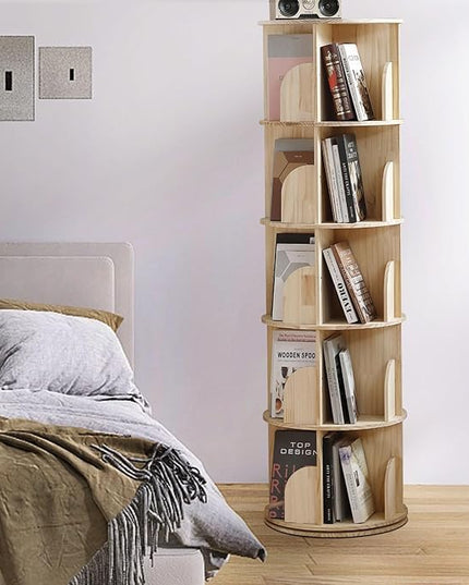 Rotating Bookshelf Tower, 5 Tier 360 Display Spinning Bookshelf, Solid Wood Narrow Book Shelf Organizer for Kid Adult, Corner Floor Standing Bookcase for Bedroom, Living Room, Study Room, Small Space - LeafyLoom
