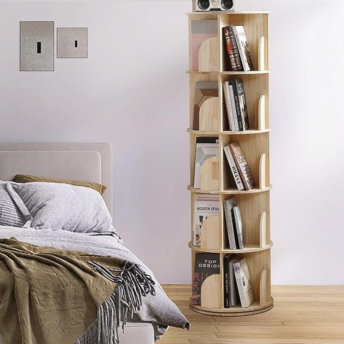 Rotating Bookshelf Tower, 5 Tier 360 Display Spinning Bookshelf, Solid Wood Narrow Book Shelf Organizer for Kid Adult, Corner Floor Standing Bookcase for Bedroom, Living Room, Study Room, Small Space - LeafyLoom