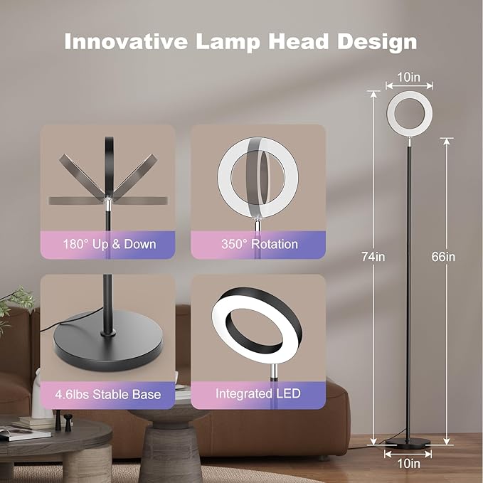 Dual-Sided RGBCW Floor Lamp, 42W 2800LM Bright Dimmable LED Standing Lamp with Remote Control, 350° Rotatable Head, Modern Color Changing Tall Lamps for Living Room Bedroom Studio Office Gaming Garage - LeafyLoom