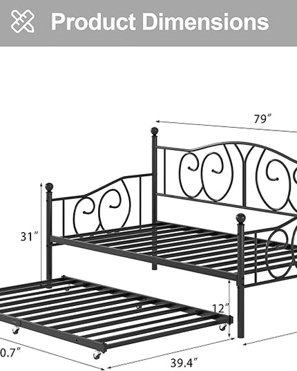 VECELO Twin Daybed with Trundle, Metal Day Bed with Classic Headboard, Multifunctional Platform Beds for Bedroom, Living Room, Guest Room, No Boxing Spring Needed, Black - LeafyLoom