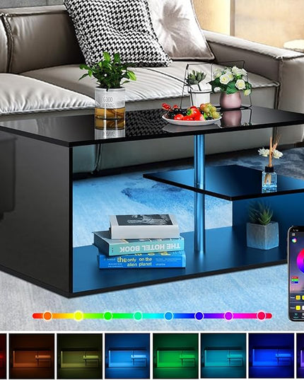 HOMMPA LED Coffee Tables for Living Room Modern Coffee Table with S-Shaped 3 Tiers Open Storage Shelf High Gloss Black Center Sofa Tea Table with LED Lights for Home Office Furniture - LeafyLoom