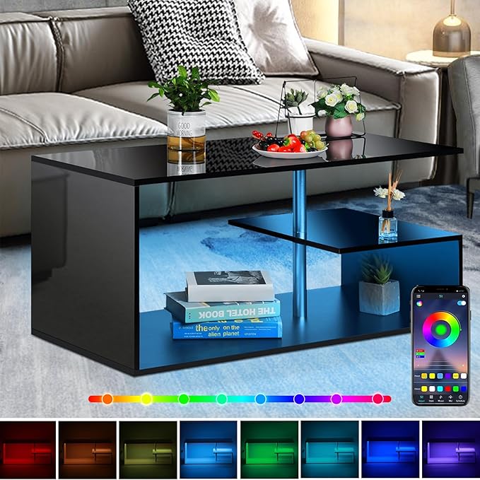 HOMMPA LED Coffee Tables for Living Room Modern Coffee Table with S-Shaped 3 Tiers Open Storage Shelf High Gloss Black Center Sofa Tea Table with LED Lights for Home Office Furniture - LeafyLoom
