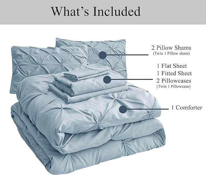 LANE LINEN Comforters Queen Size, 7 Piece Queen Comforter Set, Soft Queen Size Comforter Sets, Pintuck Queen Bed Set, Fluffy Comforters Queen Size Set with Sheets, Pillowcases & Shams - French Blue - LeafyLoom