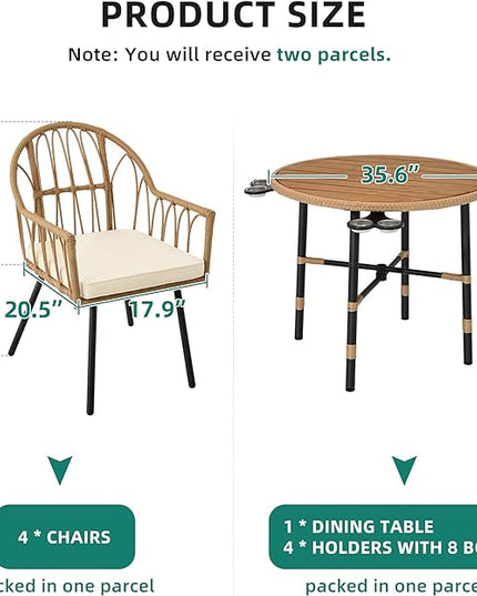 YITAHOME 5 Pieces Outdoor Patio Dining Table Chair Set,Wicker Patio Dining Set,Outdoor Rattan Dining Table Set for Patio, Backyard, Balcony, Garden (with Umbrella Hole) - LeafyLoom