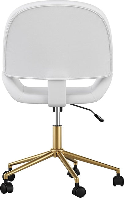 Martha Stewart Tyla Armless Swivel Task Chair for Home Office in White Faux Leather with Polished Brass Frame - LeafyLoom