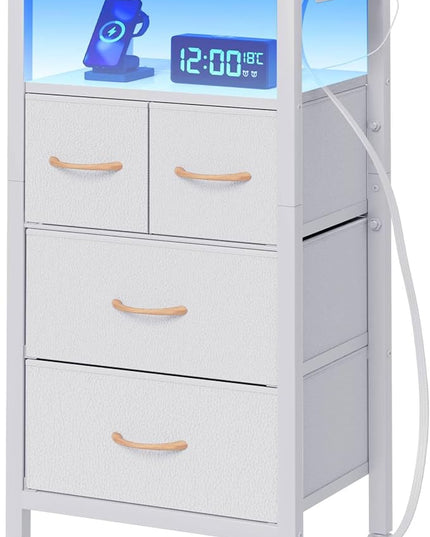 Furnulem 4 Drawer Dresser with Led Light and Charging Station, White Night Stand with Storage Shelf and Fabric & PVC Drawer, 33 Inch Bedside Table, Tall Nightstand for Entryway, Bedroom Furniture - LeafyLoom