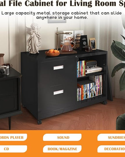 Metal File Cabinet Printer Stand with 2 lockable full extension drawers and 1 lockable door, adjustable shelf, for Home office and Study room Organizer Letters/Legal/A4,BLACK - LeafyLoom