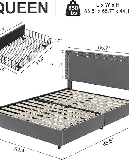 VECELO Queen Size Upholstered Platform Bed Frame with 4 Storage Drawers, Adjustable Velvet Rivets Headboard, Wooden Slats Support, No Box Spring Needed, Easy Assembly - LeafyLoom