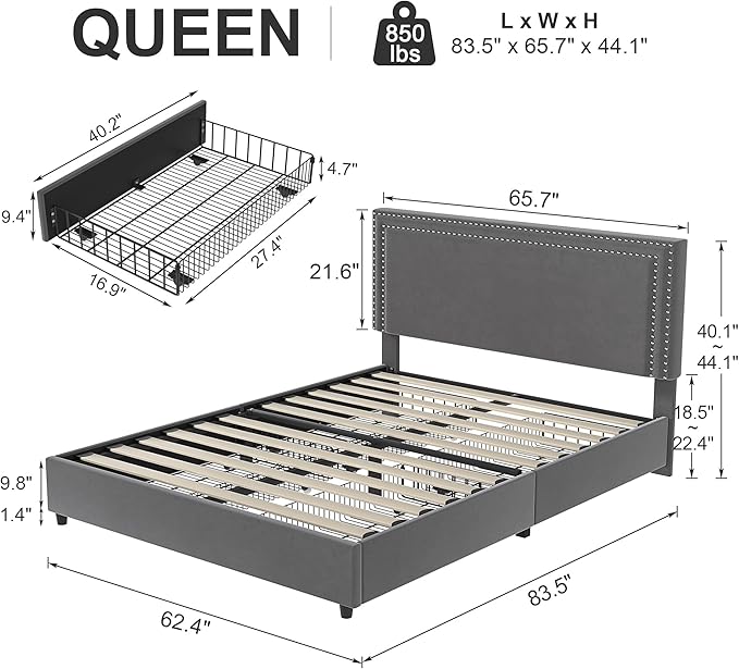 VECELO Queen Size Upholstered Platform Bed Frame with 4 Storage Drawers, Adjustable Velvet Rivets Headboard, Wooden Slats Support, No Box Spring Needed, Easy Assembly - LeafyLoom