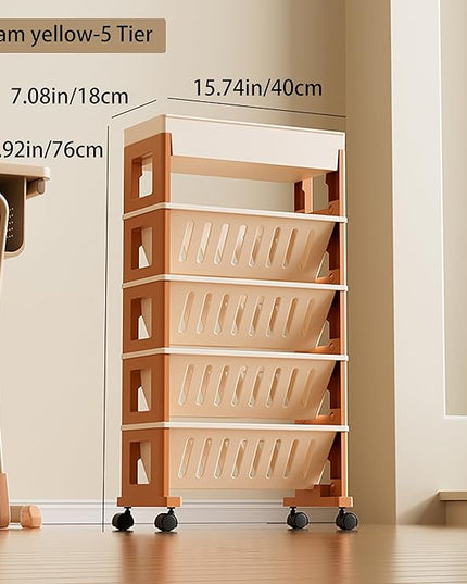 5 Tier Book Rack Storage Bookshelf, Mobile Bookshelf with Wheels, Removable Movable Unique Bookcase, Rolling Book Cart, Bookshelves for Students Study in Dorm Classroom Living Room School(CreamYellow) - LeafyLoom