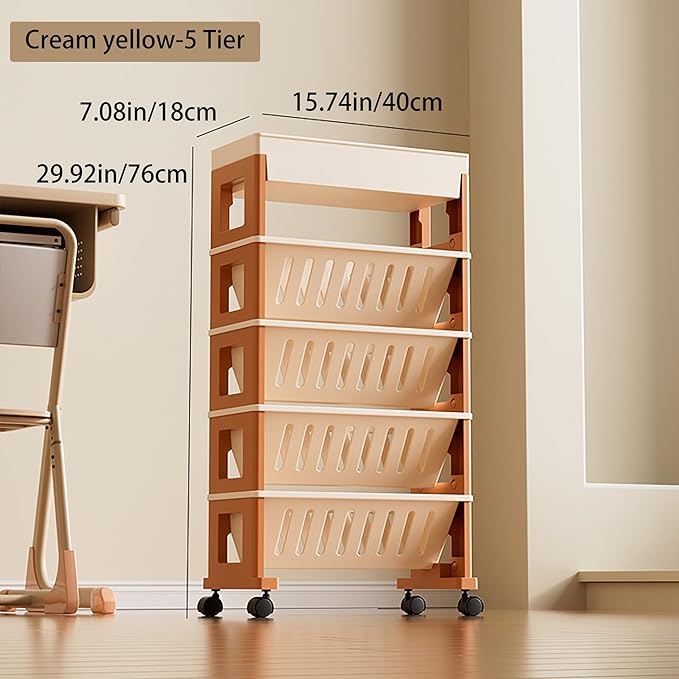 5 Tier Book Rack Storage Bookshelf, Mobile Bookshelf with Wheels, Removable Movable Unique Bookcase, Rolling Book Cart, Bookshelves for Students Study in Dorm Classroom Living Room School(CreamYellow) - LeafyLoom