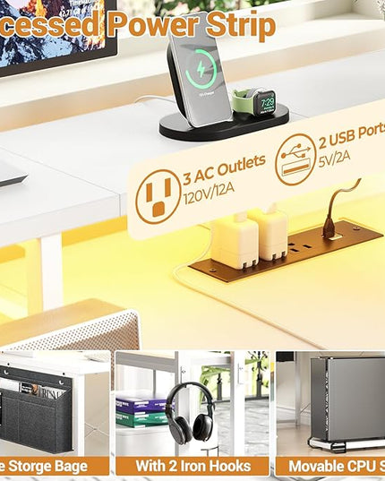 Unikito L Shaped Desk with File Drawer, Reversible L Shaped Computer Desk with Power Outlet & LED Lights, Home Office Desk Corner Desk with Monitor Shelf and Printer Cabinet, Gaming Desk, White - LeafyLoom