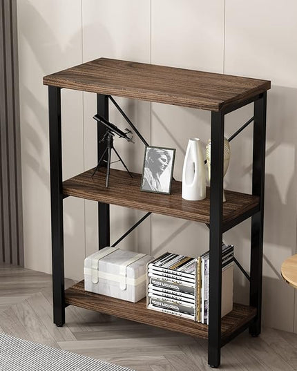 3 Tier Industrial Solid Wood Bookcases, Open Etagere Bookshelf with Metal Frame, Rustic Wood and Metal Shelving Storage Organizer for Living Room Book shelves Furniture (AY01-3tier) - LeafyLoom