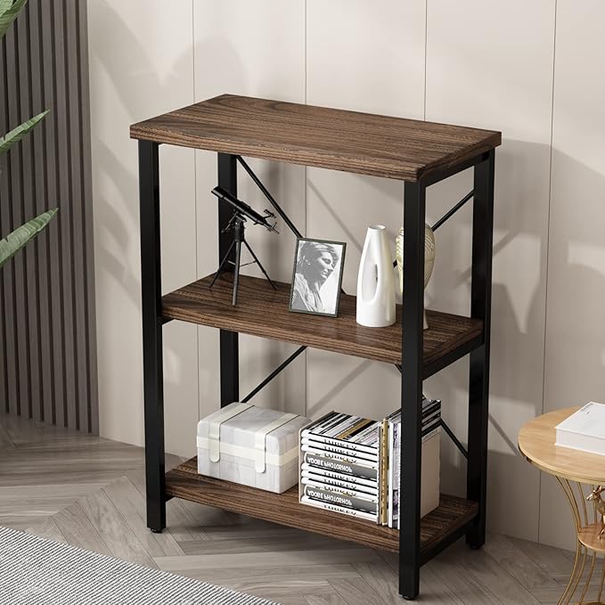 3 Tier Industrial Solid Wood Bookcases, Open Etagere Bookshelf with Metal Frame, Rustic Wood and Metal Shelving Storage Organizer for Living Room Book shelves Furniture (AY01-3tier) - LeafyLoom