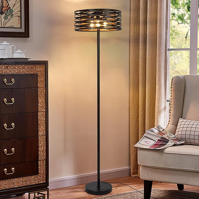Industrial Floor Lamp for Living Room, Farmhouse Floor Lamps for Living Room Bright Lighting, Vintage Rustic Floor Lamp with Double Shades, Tall Standing Lamp for Bedroom, Office(Black) - LeafyLoom